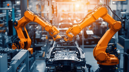 Automated industrial robots are efficiently moving automotive parts in modern manufacturing facility, showcasing advanced technology and precision in production