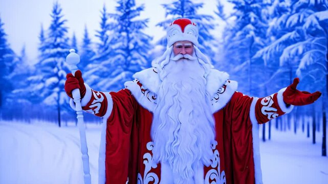 Portrait of Russian Ded Moroz against the background of a winter landscape