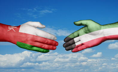 Kuwait and Oman country handshaking with flags, consensus concept international co-operation illustration