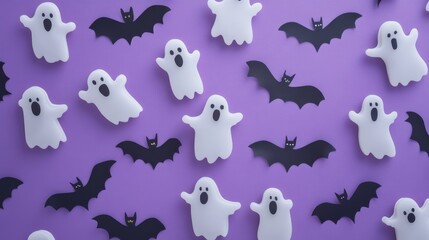 Happy Halloween Holiday Concept Featuring Bats and Ghosts on Purple Background