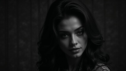 Fototapeta premium Captivating black and white portrait of a young woman with wavy hair in a moody setting