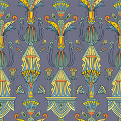 Seamless vector pattern of ancient Egyptian lotus flower. Repeating background. Retro hand drawn vector repeating illustration in earthy colors.