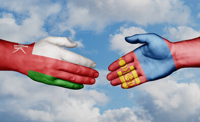 Mongolia and Oman country handshaking with flags, consensus concept international co-operation illustration