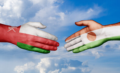 Niger and Oman country handshaking with flags, consensus concept international co-operation illustration