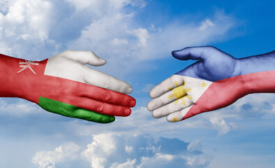 Philippines and Oman country handshaking with flags, consensus concept international co-operation illustration