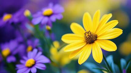 Naklejka premium Bright yellow flower stands out among purple blooms, creating vibrant and cheerful garden scene. mix of colors evokes sense of joy and tranquility
