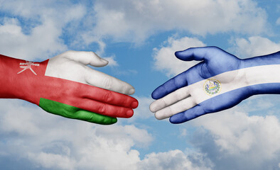 Republic of El Salvador and Oman country handshaking with flags, consensus concept international co-operation illustration