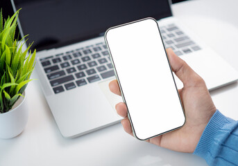 Mockup image screen smartphone, Cell phone with blank space for text, Hand woman work using smartphone, White background for advertising, Marketing, Design, Design creative work space.