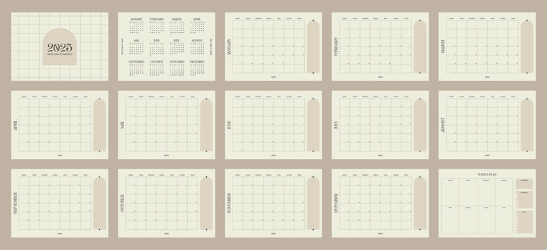 2025 calendar, Monday start, modern minimalist monthly planner, weekly planner, agenda, vector illustration, printable for productivity, goal setting, time management and organization