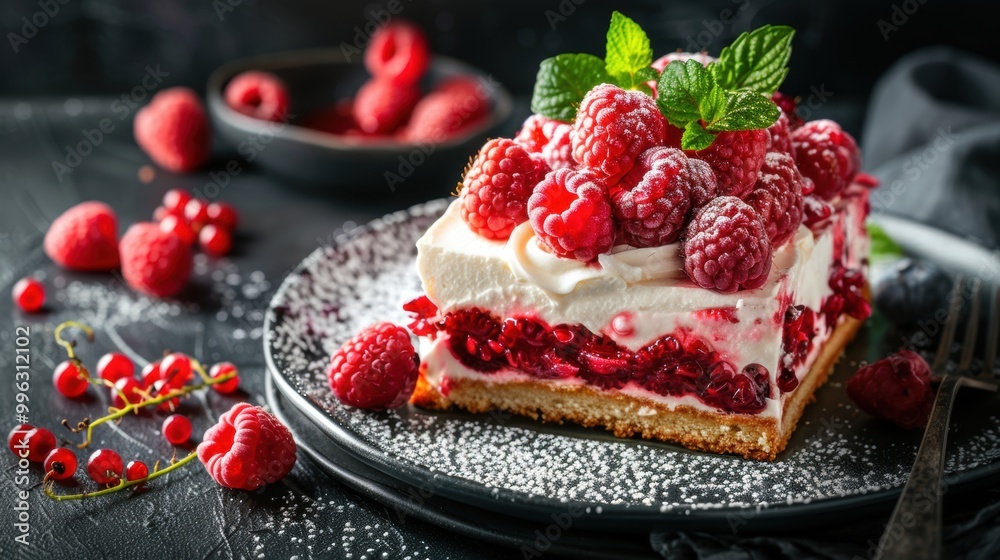 Wall mural delicious cheese cake with raspberry fruit on table