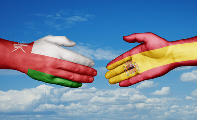 Spain and Oman country handshaking with flags, consensus concept international co-operation illustration
