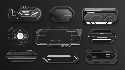 A collection of text boxes in an abstract technology style, featuring futuristic HUD elements. Includes hi-tech cyberpunk frames and borders, modern sci-fi banners, and a sleek black-and-white color s
