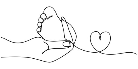 Little baby feet in hands. One continuous line drawing. Mothers Day simple vector web banner, background,poster,card, newborn's feet in hands, Palm of hands of baby and adult line art vector