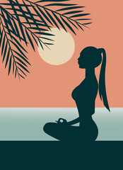 Silhouette of a women meditating, yoga, fitness position.  Yoga Poses for Meditation.