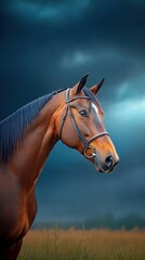Naklejka premium Horse in mid-rear, powerful muscles tensed, captured against a stormy sky