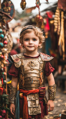 Joyful Child in Gladiator Costume at Roman Festival  
