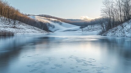 A serene frozen lake surrounded by snow-covered hills and bare trees, with soft light reflecting off the ice