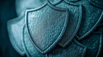 Close-up of textured metallic shields in layered arrangement, detailed surface patterns.