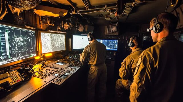 Military Personnel Operating Advanced Monitoring Equipment at Night Generative AI