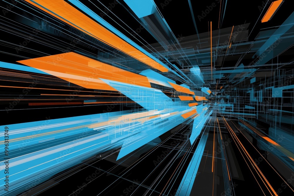 Wall mural dynamic abstract composition with vibrant blue and orange lines creating a sense of speed and modern
