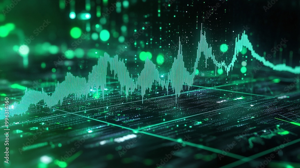 Poster a dynamic green digital graph with fluctuating data points and glowing elements on a dark background