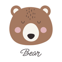 Cute bear vector illustration. Animal in cartoon style. Forest bear head for postcards, posters, banners.