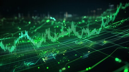 A dynamic stock market chart with green data trends, showcasing financial growth and analysis in a modern digital interface.
