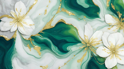 Illustration modern flower marble texture with abstract green, white, glitter and gold alcohol color background.