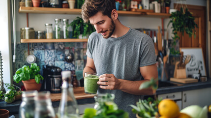 A young man making a green smoothie in his home kitchen. The kitchen is modern, bright, with wooden surfaces and plants.