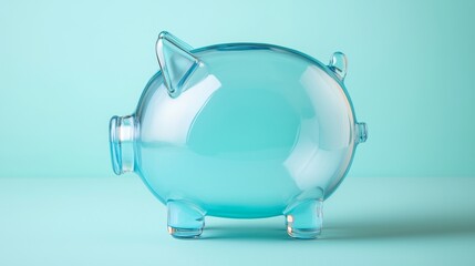 Glass piggy bank on a pastel blue background for financial savings concepts.