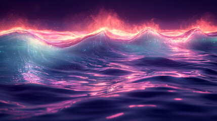 Soft glowing neon waves creating reflections on calm water,