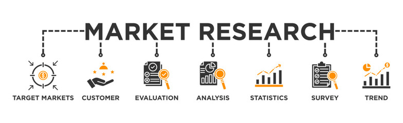 Market research banner web icon vector illustration concept with icon of target markets customer evaluation analysis statistics survey and trend