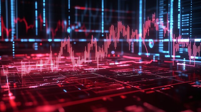 A vibrant digital data visualization with red graph lines on a dark background, representing data analytics and trends.