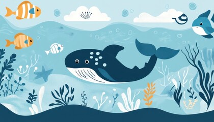 Kid-style sea creatures and waves, ocean theme, flat design illustration