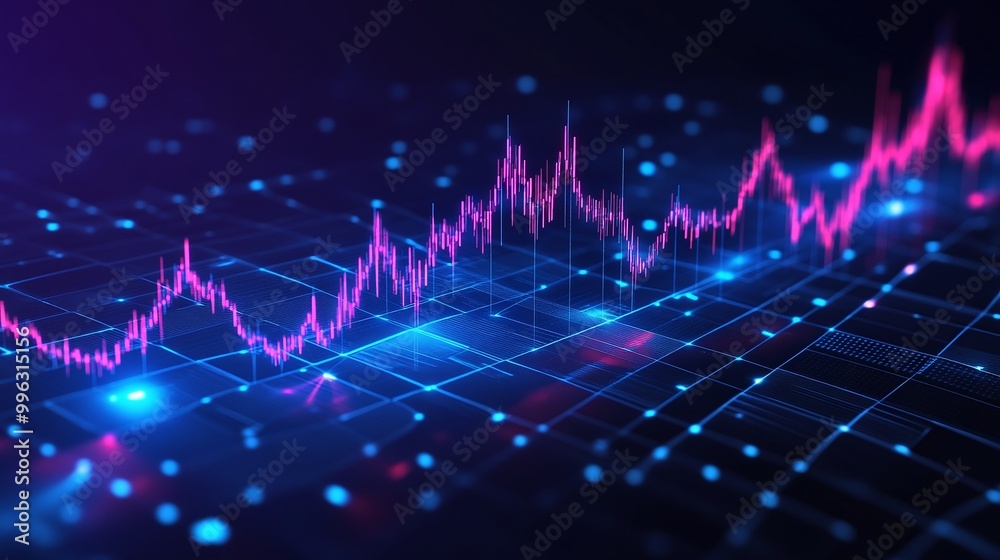 Poster a vibrant digital graph with dynamic lines and bright colors representing data trends and analysis.