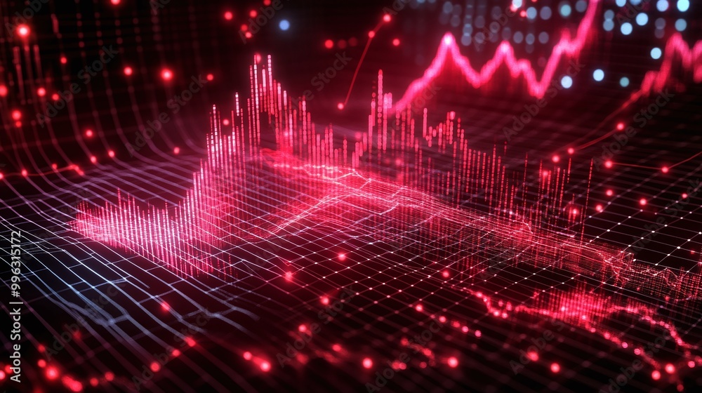 Poster a vibrant digital representation of data graphs with dynamic red lines and glowing points on a dark 