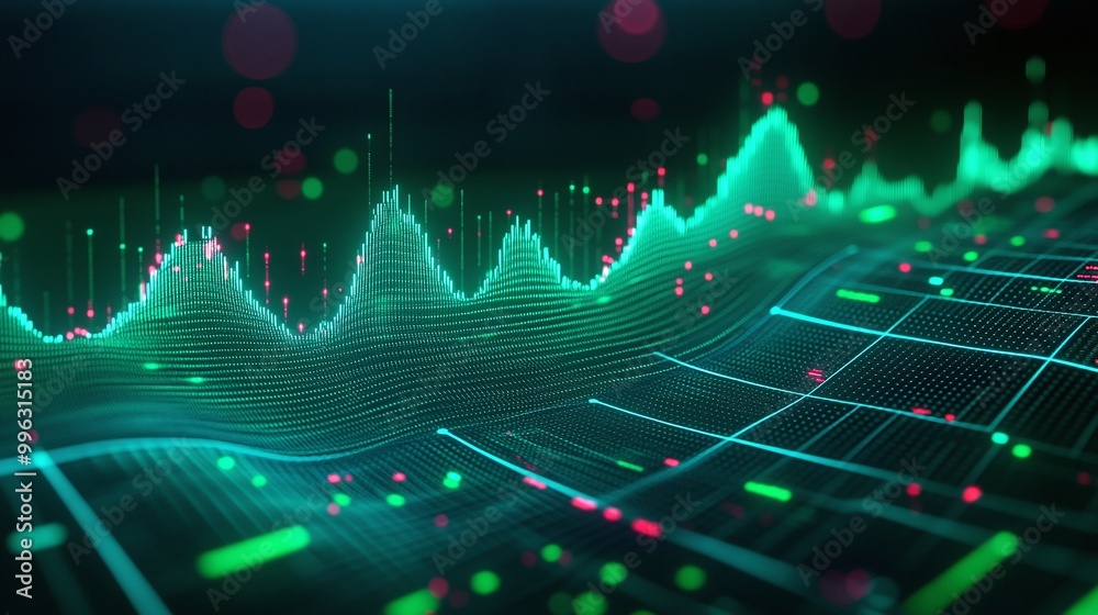 Poster a vibrant digital representation of sound waves with colorful data points on a grid background.