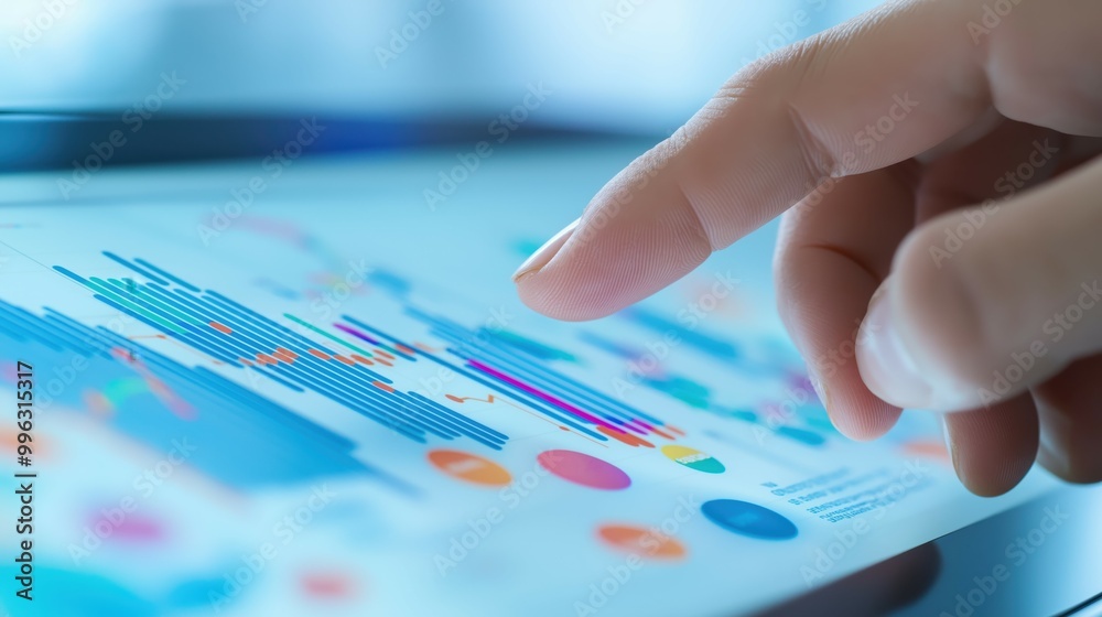 Poster close-up of a finger pointing at a specific data point on an interactive touchscreen, surrounded by 
