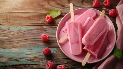 Raspberry ice cream with fruit closeup view