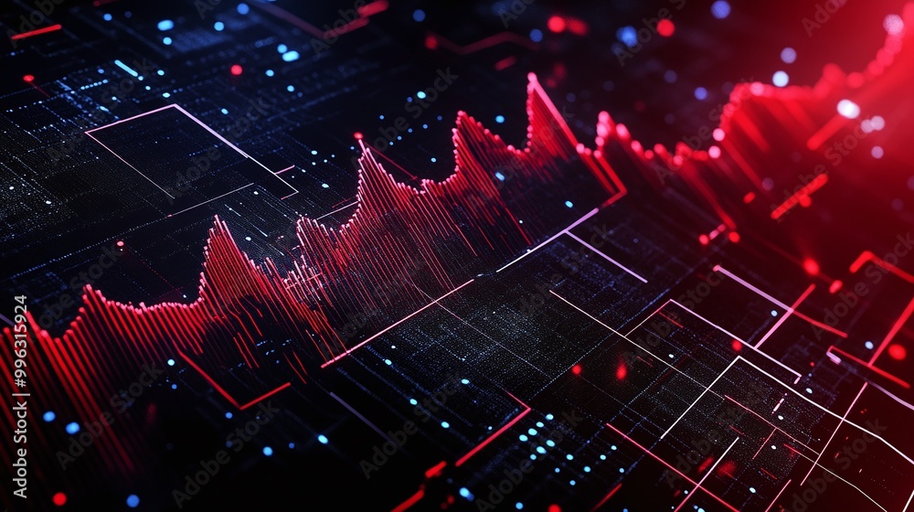 Poster abstract data visualization background with vibrant lines and graphs in red and blue tones.