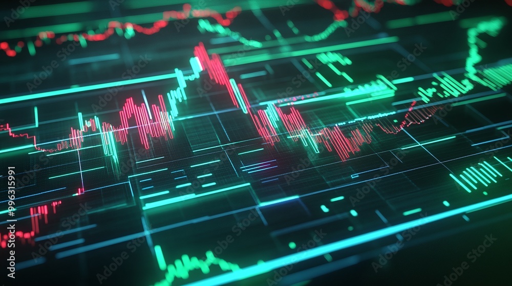 Poster abstract data visualization graphic showing stock market trends with colorful graphs.