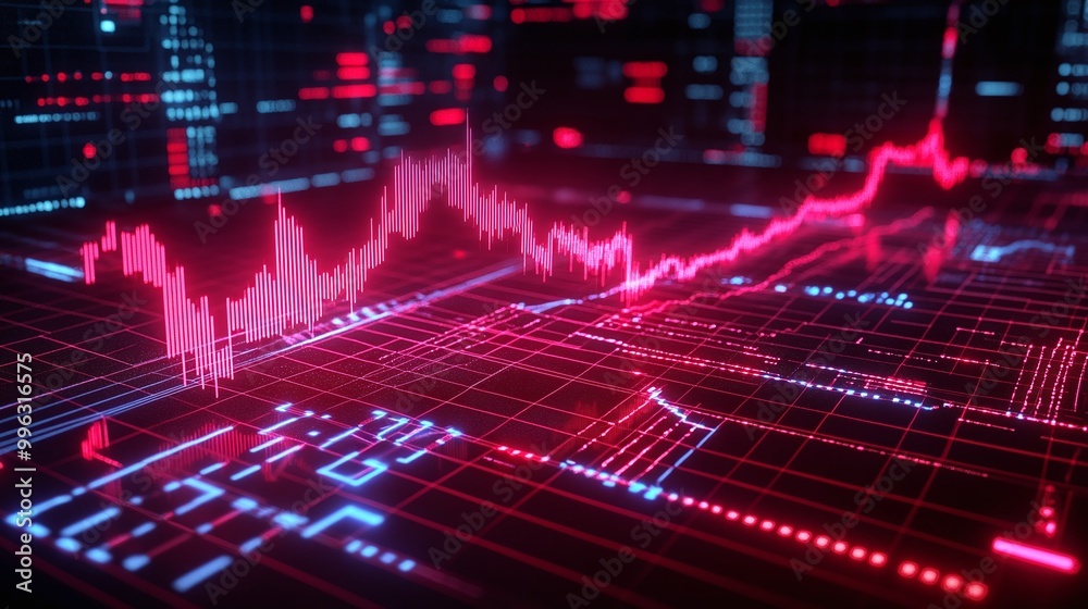 Poster abstract data visualization with a digital chart depicting trends and metrics in vibrant red and blu