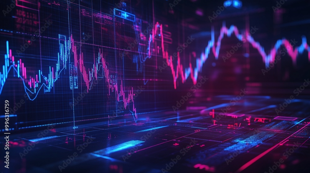 Poster abstract data visualization with colorful graphs and charts on a dark background, representing marke