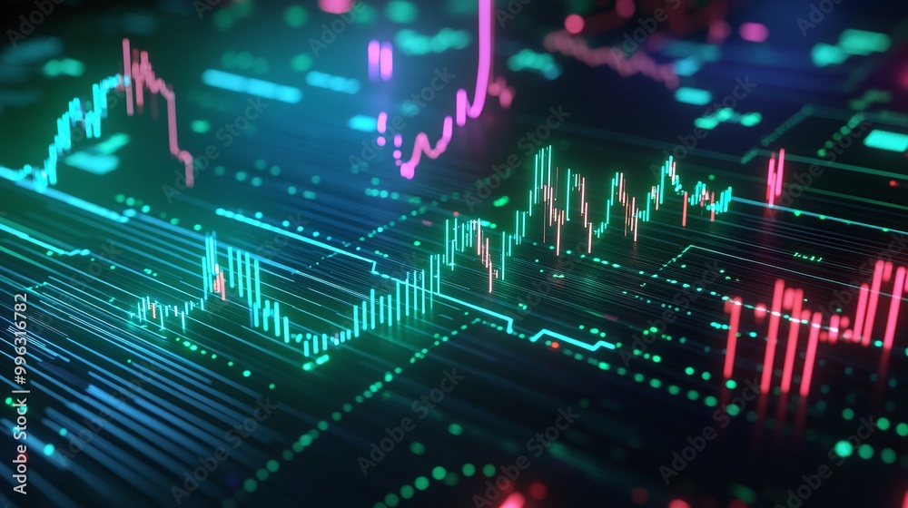 Poster abstract data visualization with colorful graphs and charts representing market trends and analytics