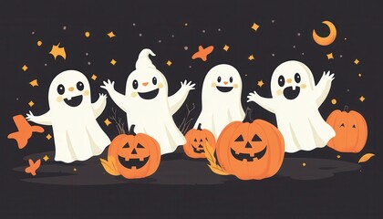 Friendly ghosts and pumpkins, Halloween theme, flat design illustration