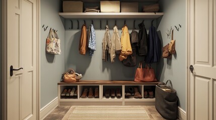 A cozy mudroom with a shoe rack designed for maximum storage, complete with hooks for bags and coats, creating an efficient space for family members to come and go.