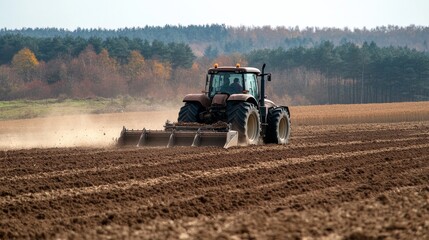 Obraz premium Modern Tractor Plowing a Vast Agricultural Field