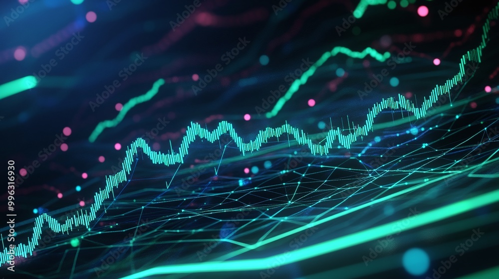 Poster abstract data visualization with colorful lines and dots representing digital analytics and trends.