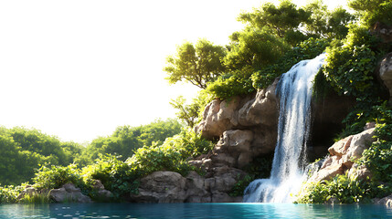 A serene waterfall cascades into a tranquil pool, surrounded by lush greenery and vibrant foliage, showcasing the beauty of nature in a peaceful setting.