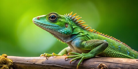 Obraz premium A green crested lizard basks on a branch AI-Created Content